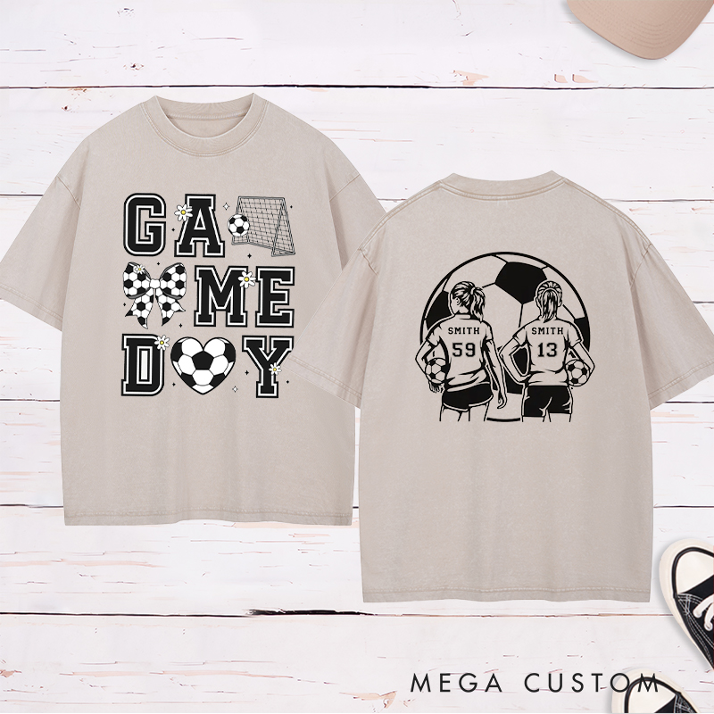 Personalized Game Day Soccer Washed T-Shirt with Custom Name and Number Design