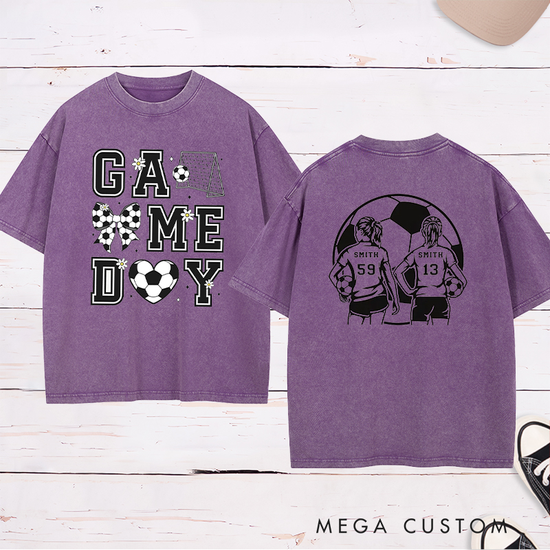Personalized Game Day Soccer Washed T-Shirt with Custom Name and Number Design
