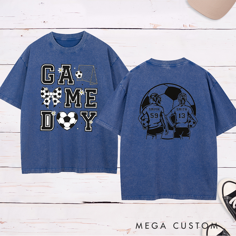 Personalized Game Day Soccer Washed T-Shirt with Custom Name and Number Design