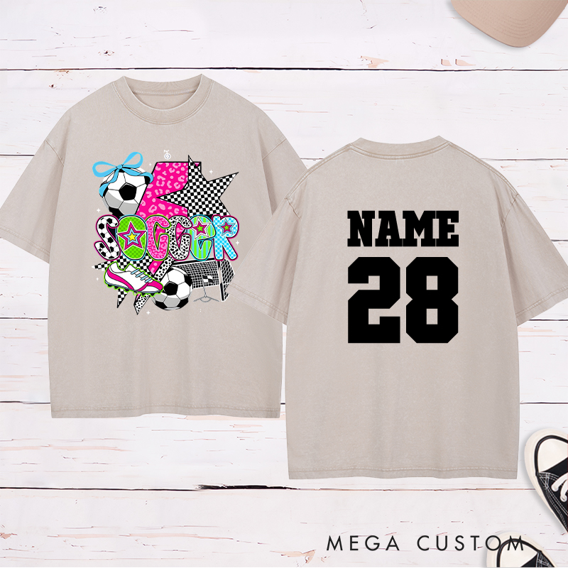 Personalized Star-Themed Soccer Washed T-Shirt with Custom Name and Number