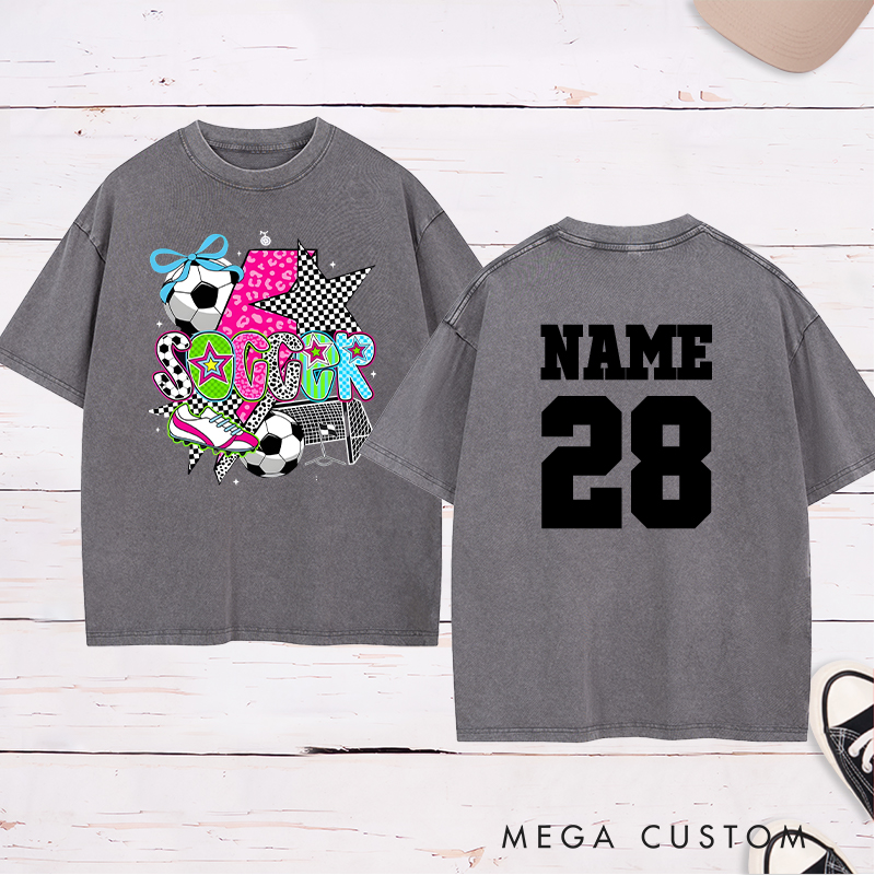 Personalized Star-Themed Soccer Washed T-Shirt with Custom Name and Number