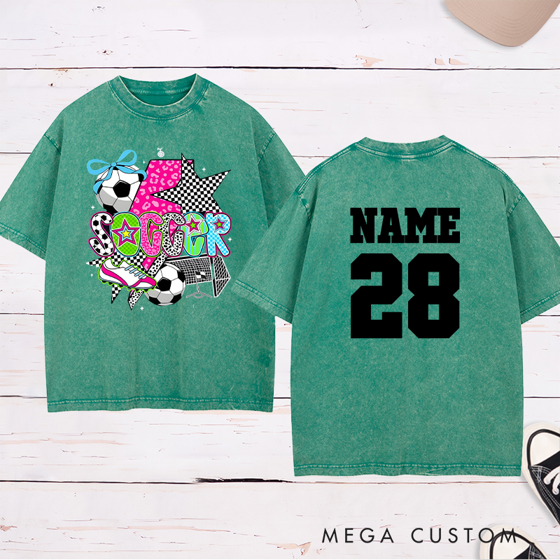 Personalized Star-Themed Soccer Washed T-Shirt with Custom Name and Number