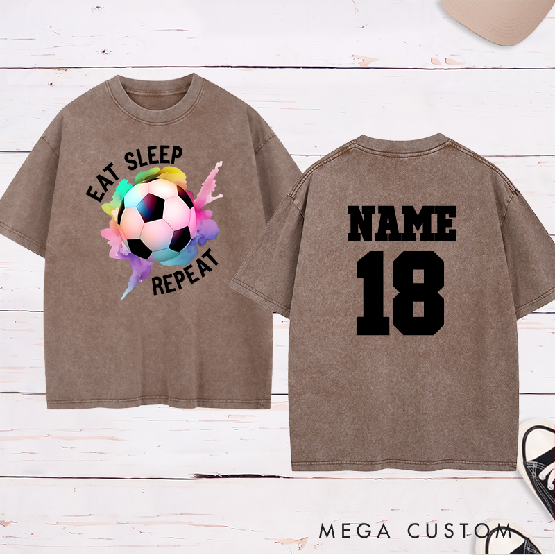 Personalized Soccer Washed T-Shirt with "Eat Sleep Repeat" Design and Custom Name and Number