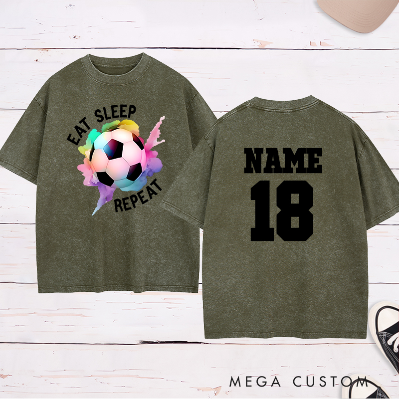Personalized Soccer Washed T-Shirt with "Eat Sleep Repeat" Design and Custom Name and Number