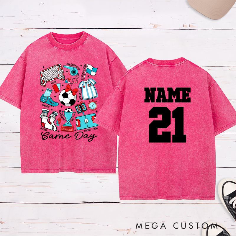 Personalized Game Day Soccer Washed T-Shirt with Fun Illustrated Graphics and Custom Name and Number