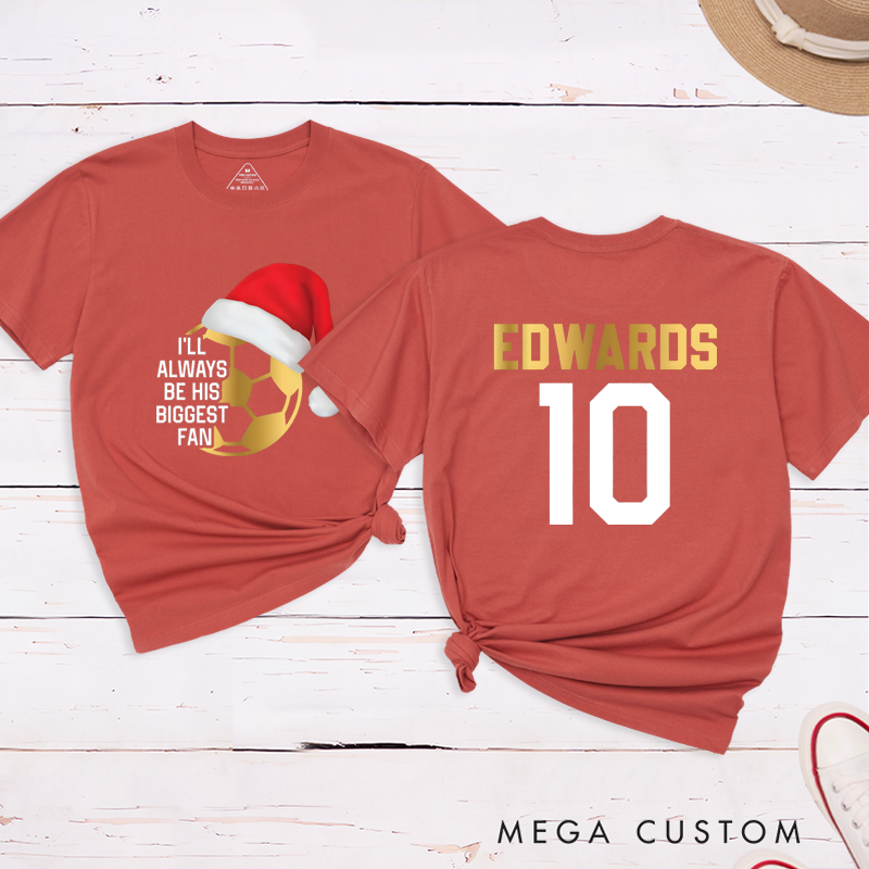 Personalized Christmas Soccer Fan T-Shirt with Custom Name and Number Design