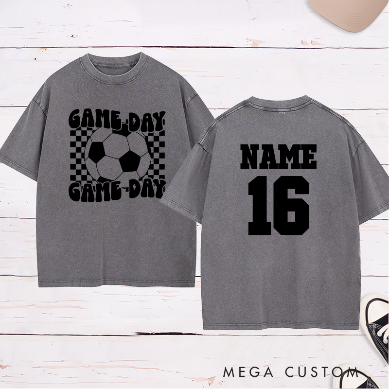 Personalized Game Day Soccer Washed T-Shirt with Bold Checkerboard Design and Custom Name and Number