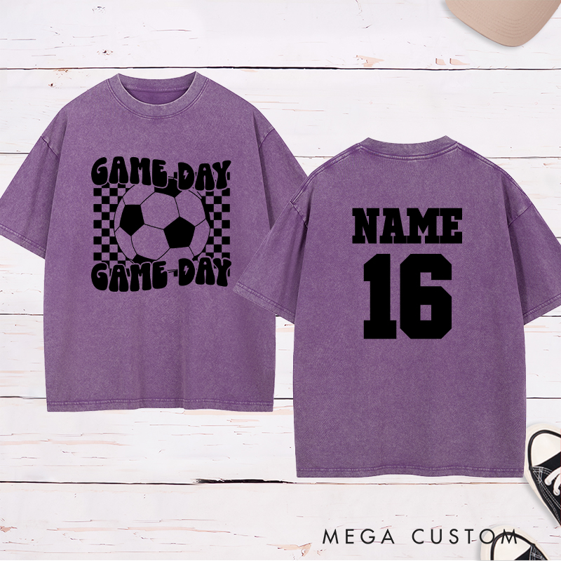Personalized Game Day Soccer Washed T-Shirt with Bold Checkerboard Design and Custom Name and Number
