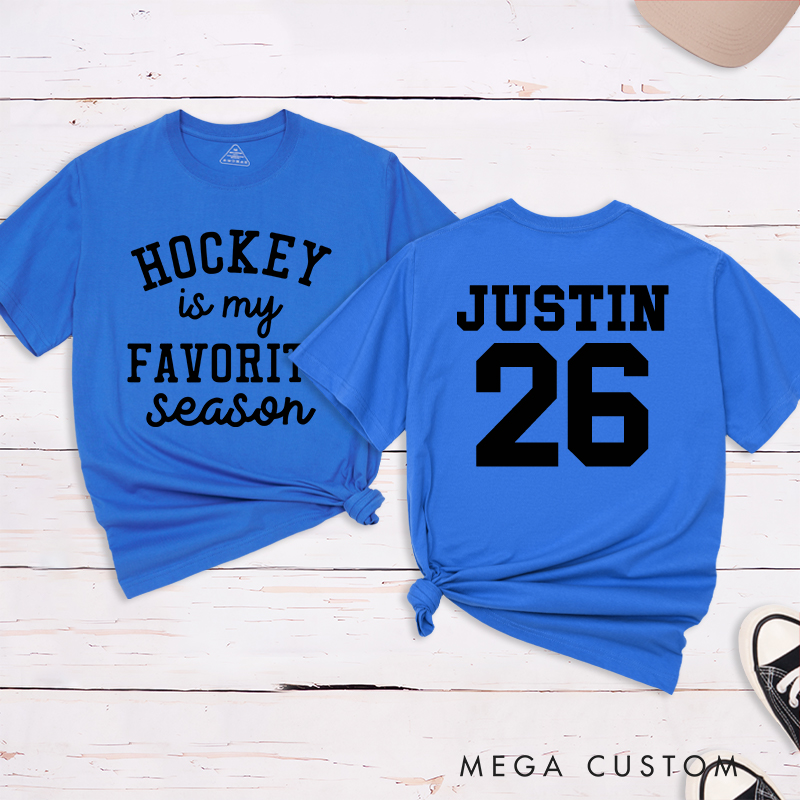 Personalized "Hockey Is My Favorite Season" T-Shirt with Custom Name and Number