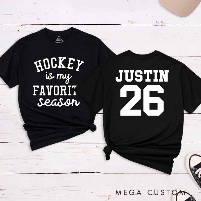 Personalized "Hockey Is My Favorite Season" T-Shirt with Custom Name and Number