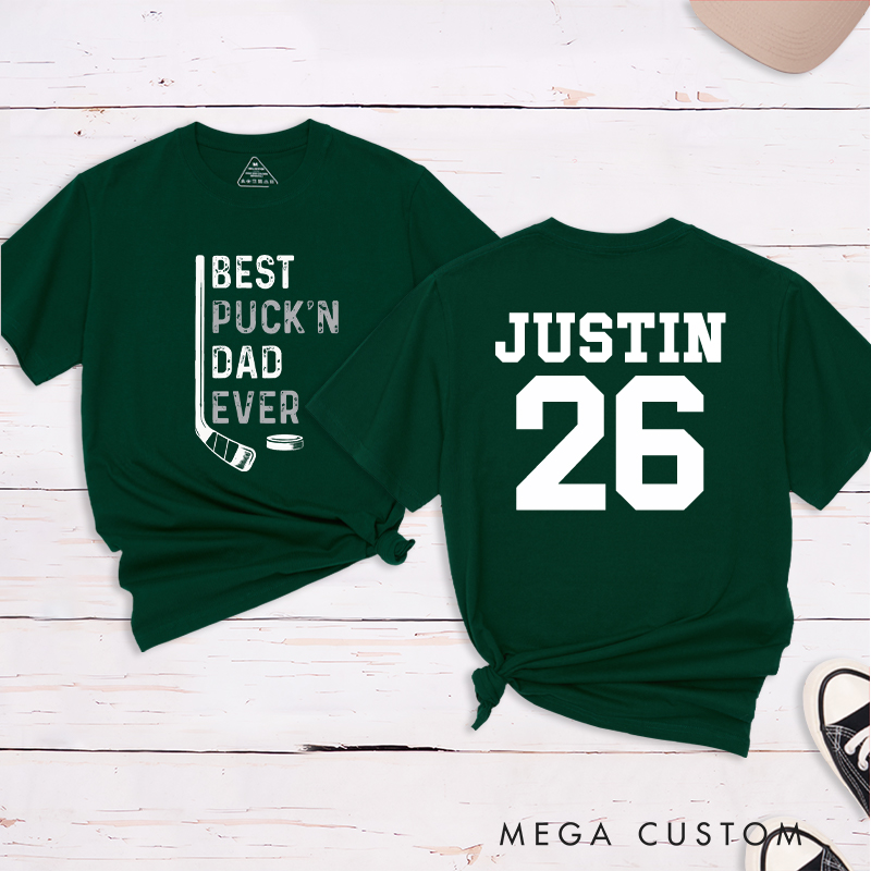 Personalized "Best Puck'n Dad Ever" Hockey T-Shirt with Custom Name and Number
