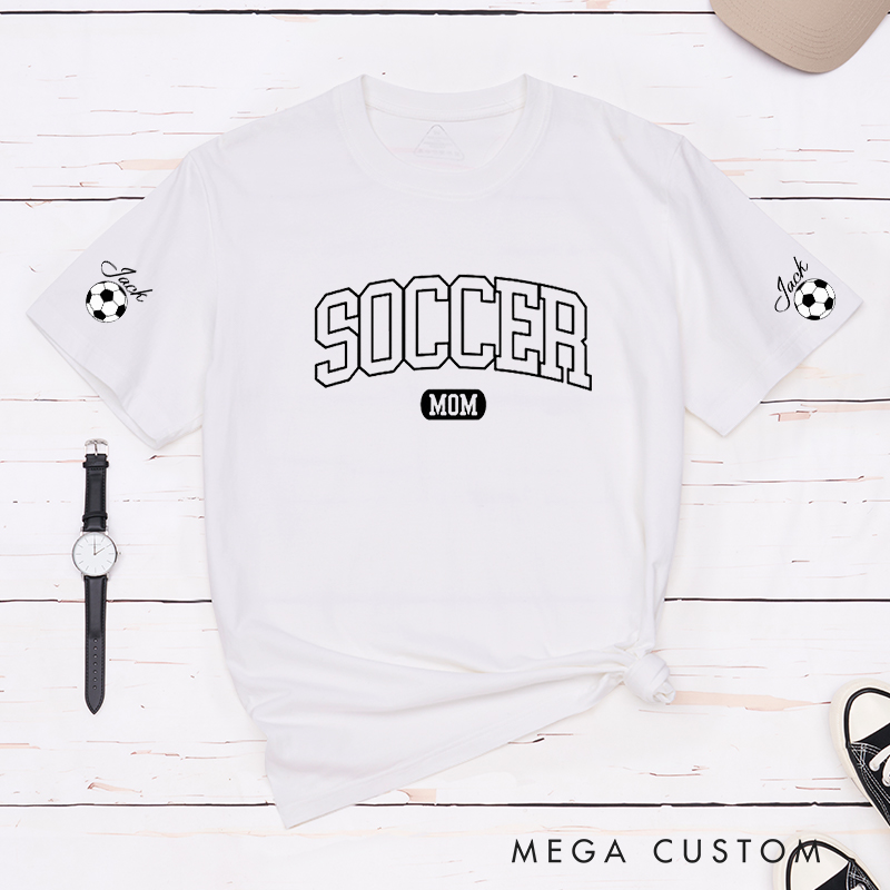 Personalized Soccer Mom T-Shirt with Custom Sleeve Name Design