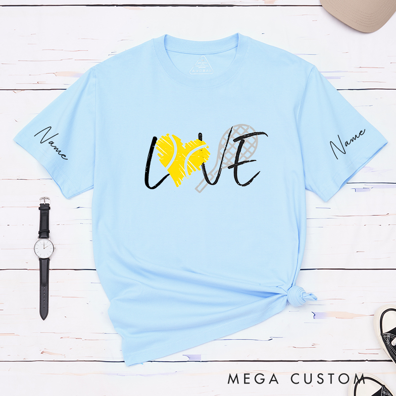 Personalized Tennis Love T-Shirt with Heart and Racket Design and Custom Name