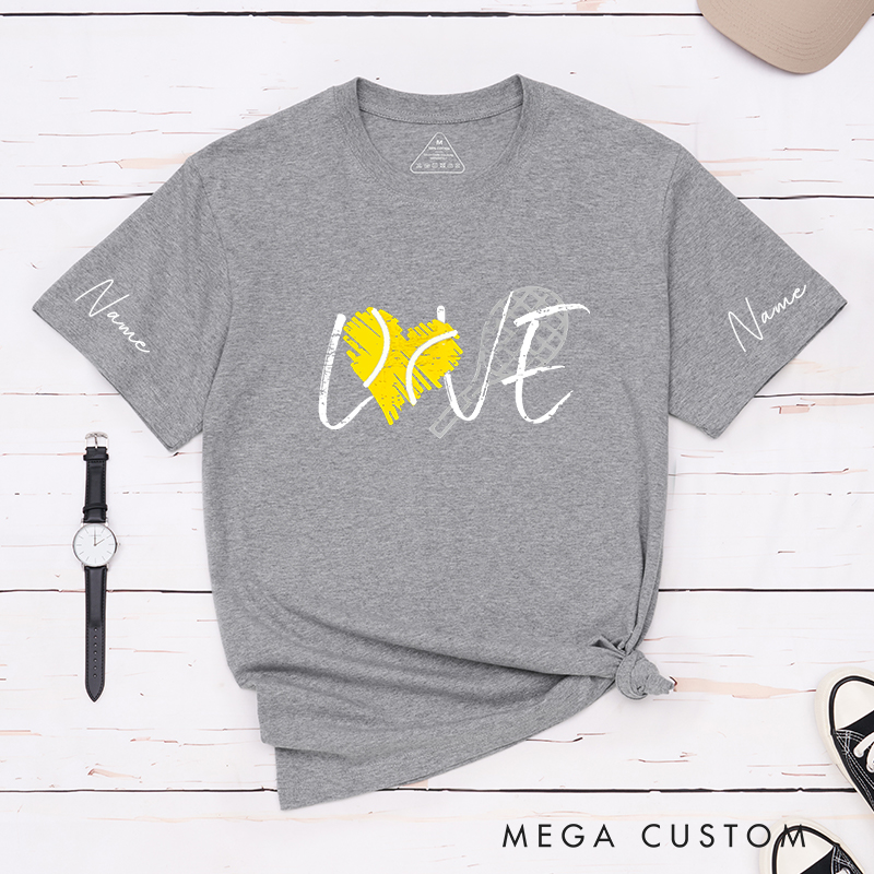 Personalized Tennis Love T-Shirt with Heart and Racket Design and Custom Name