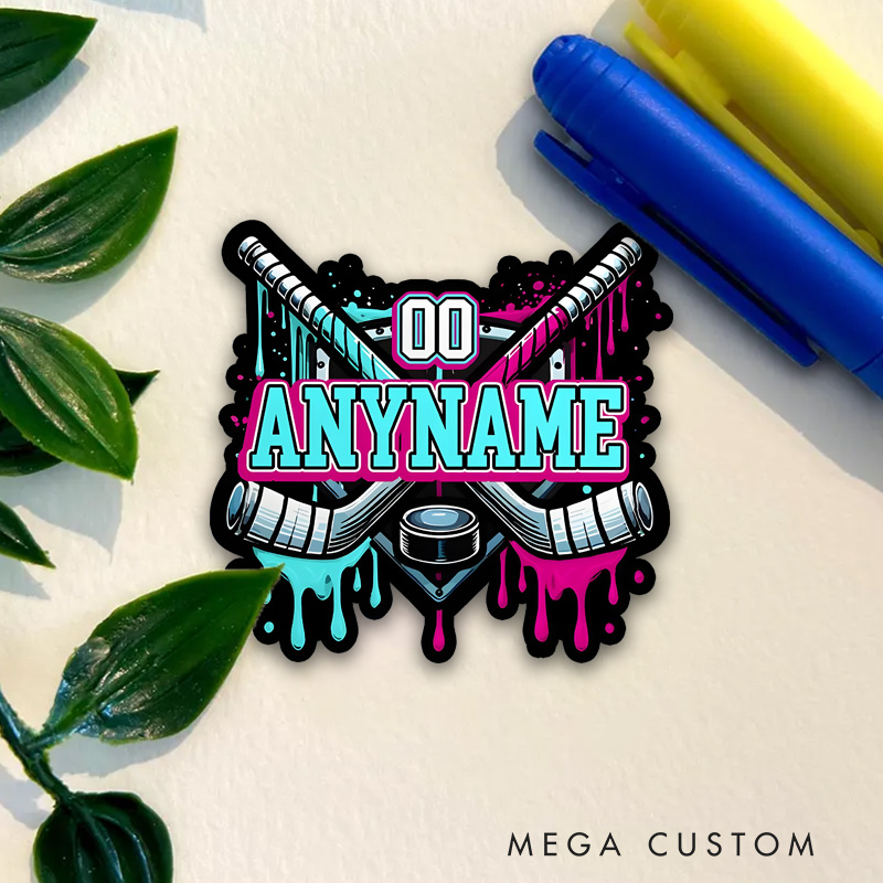Personalized Hockey Keychain with Custom Name, Number, Colors, and Crossed Sticks Design