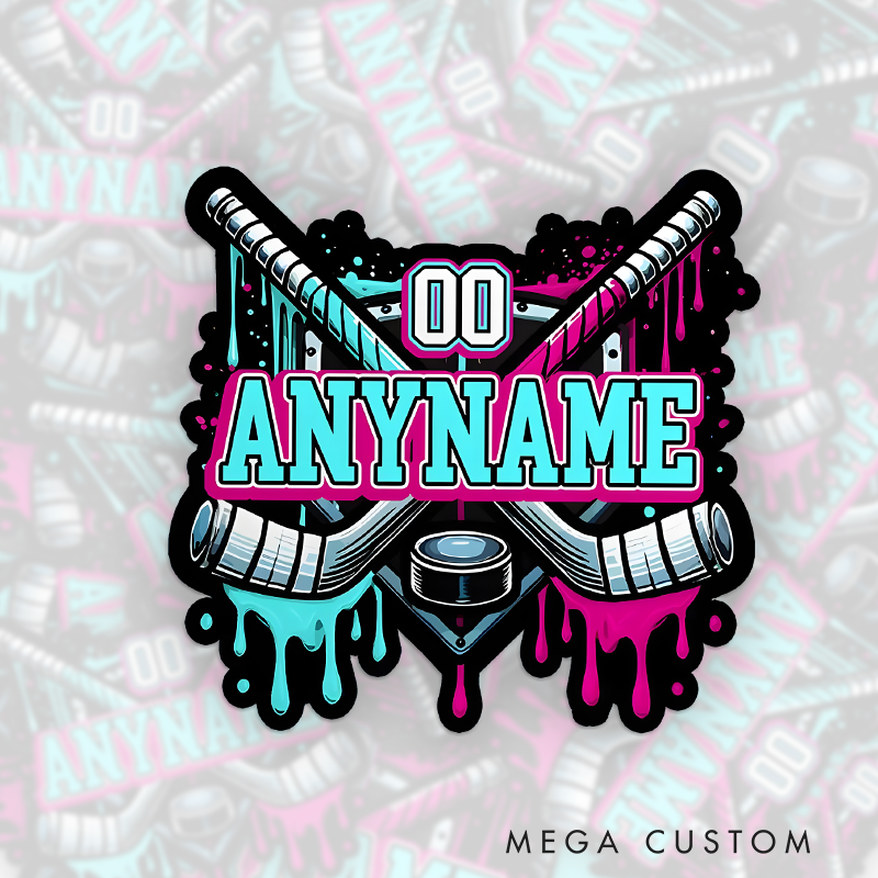 Personalized Hockey Keychain with Custom Name, Number, Colors, and Crossed Sticks Design