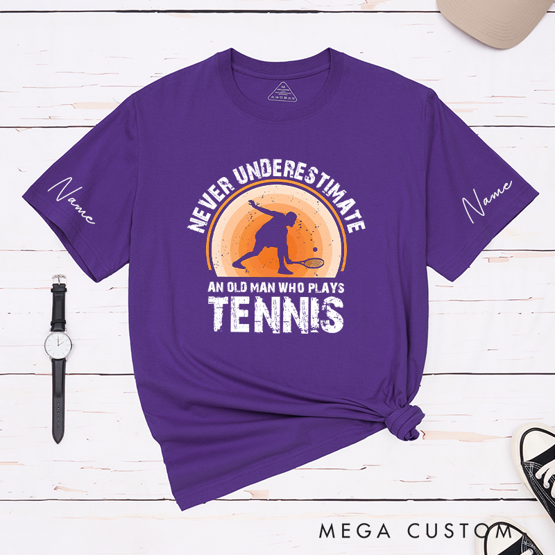 Personalized Tennis T-Shirt with "Never Underestimate" Graphic and Custom Name