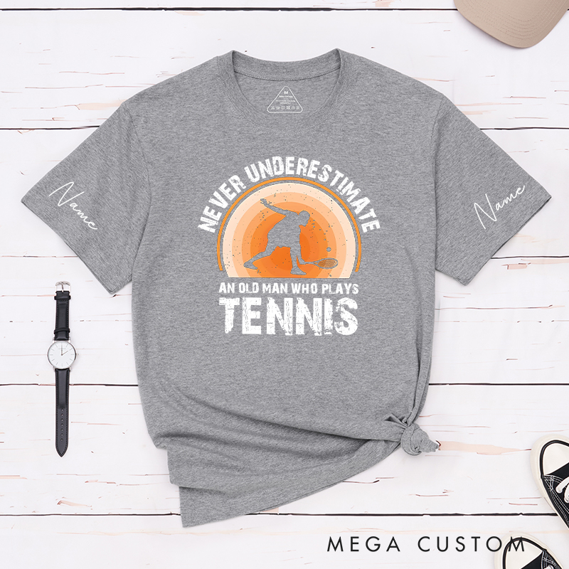 Personalized Tennis T-Shirt with "Never Underestimate" Graphic and Custom Name