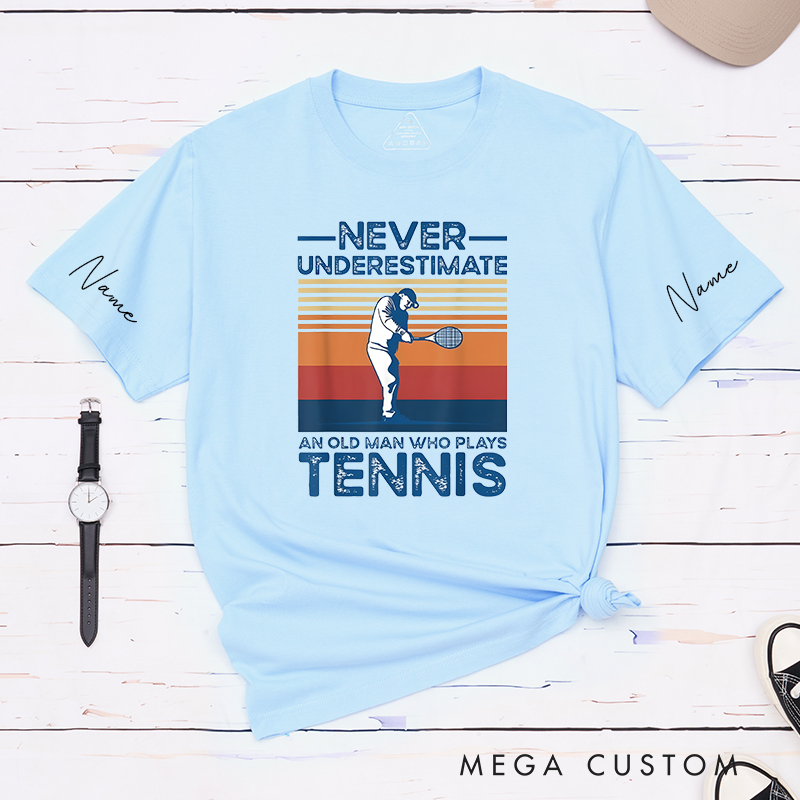 Personalized Tennis T-Shirt with Retro Sunset Graphic and Custom Name 