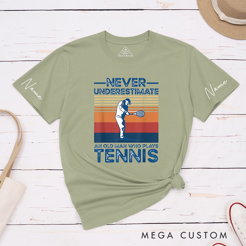 Personalized Tennis T-Shirt with Retro Sunset Graphic and Custom Name 