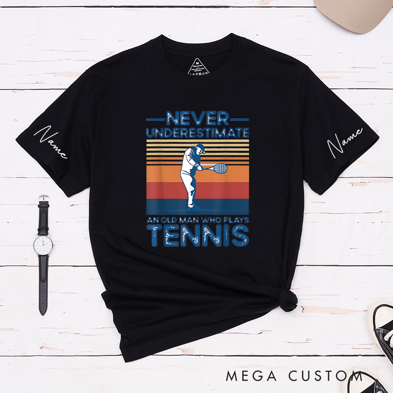 Personalized Tennis T-Shirt with Retro Sunset Graphic and Custom Name 