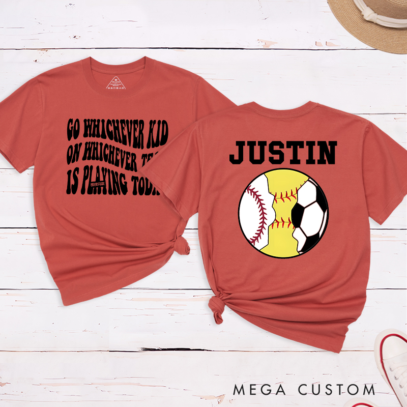 Personalized Sports T-Shirt Featuring Baseball Soccer and Softball Graphics with Customizable Back
