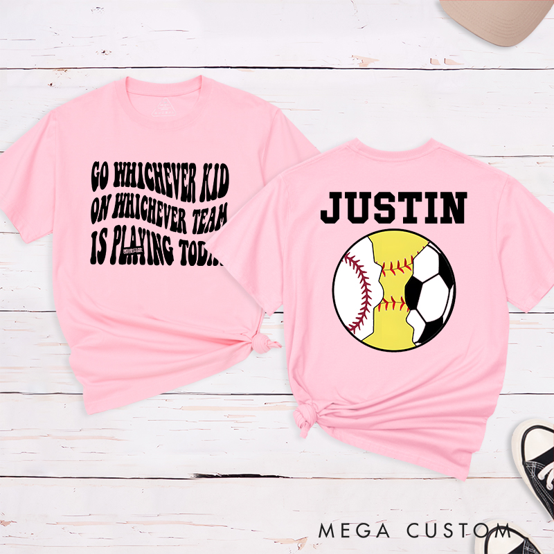 Personalized Sports T-Shirt Featuring Baseball Soccer and Softball Graphics with Customizable Back