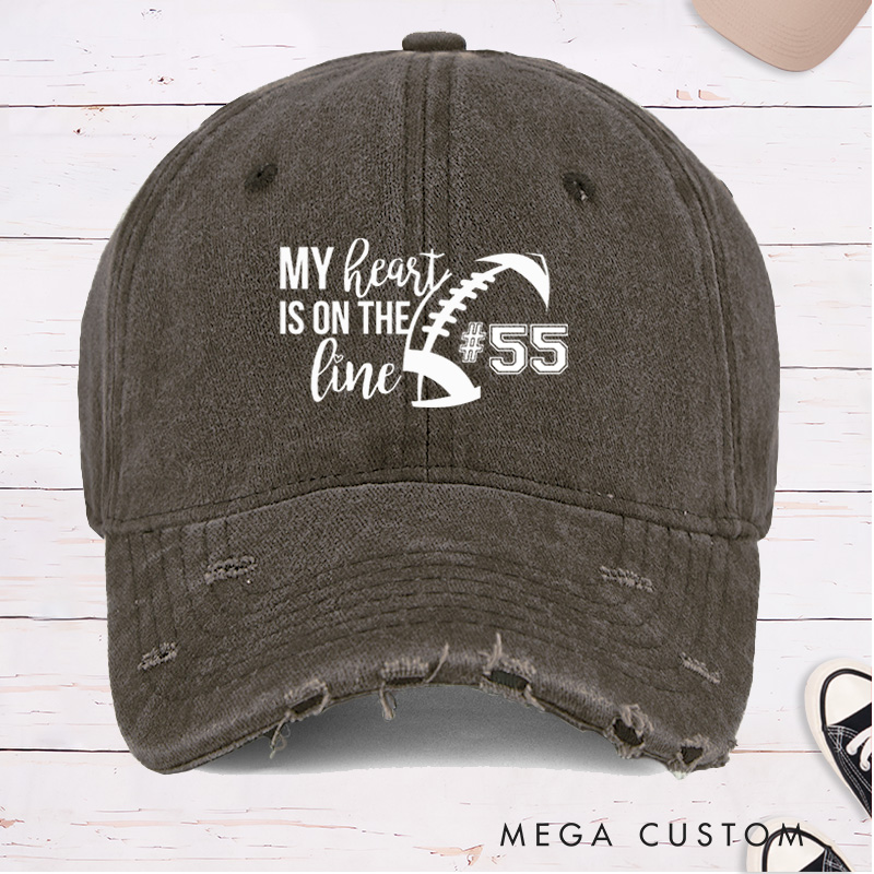 Personalized American Football Cap for "My Heart is on the Line" with Custom Jersey Number