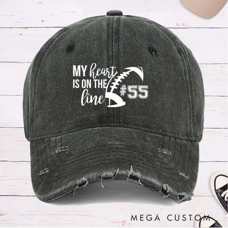Personalized American Football Cap for "My Heart is on the Line" with Custom Jersey Number