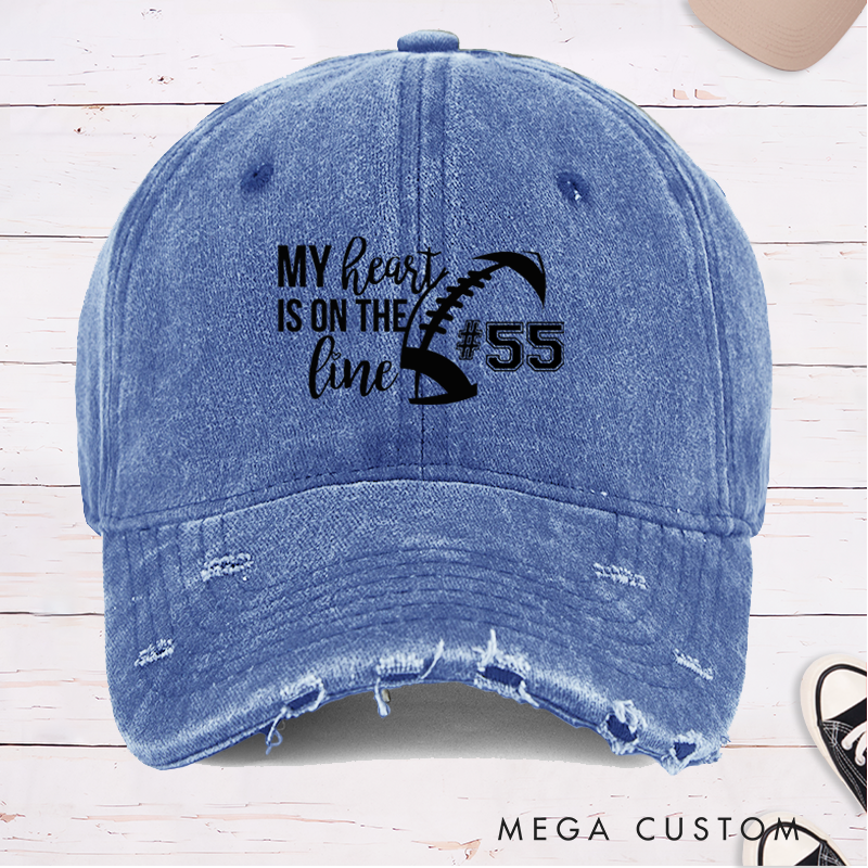 Personalized American Football Cap for "My Heart is on the Line" with Custom Jersey Number