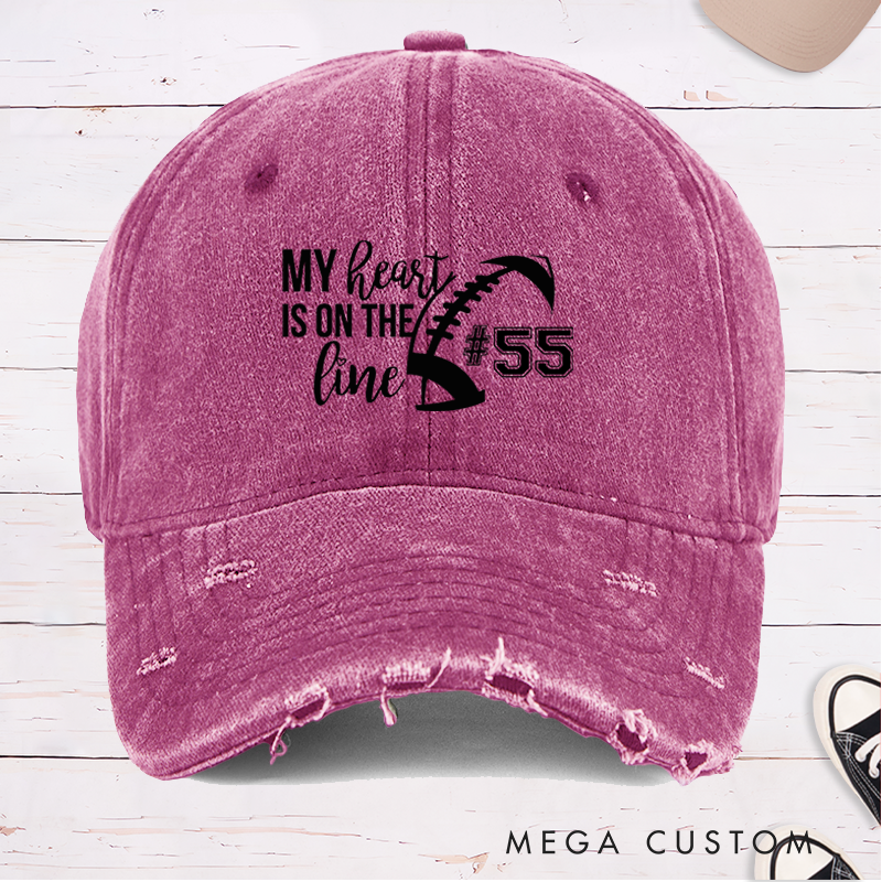 Personalized American Football Cap for "My Heart is on the Line" with Custom Jersey Number