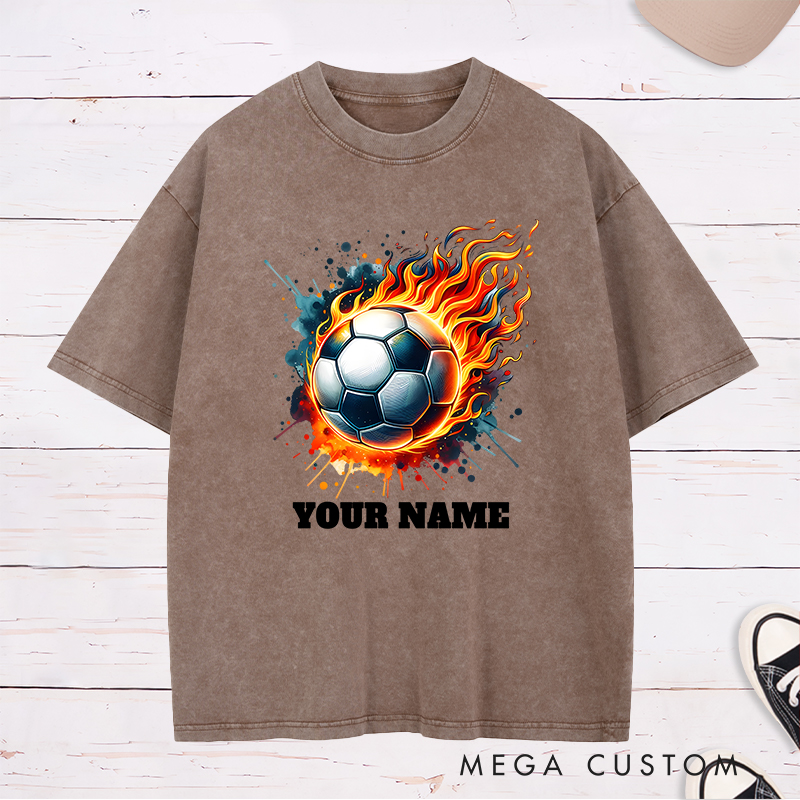 Personalized Flaming Soccer Ball Washed T-Shirt with Custom Name  