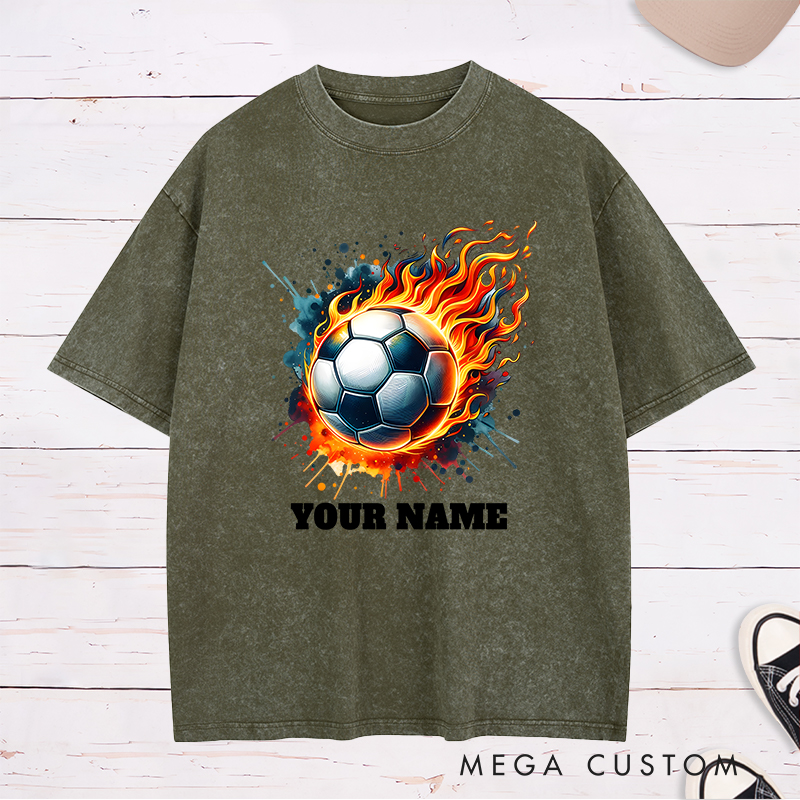 Personalized Flaming Soccer Ball Washed T-Shirt with Custom Name  