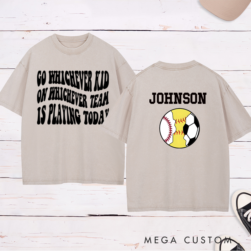Personalized Sports Washed T-Shirt Featuring Baseball, Soccer, and Softball Graphics with Customizable Back