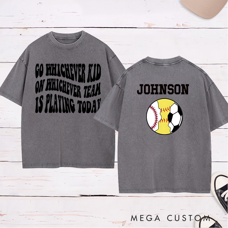 Personalized Sports Washed T-Shirt Featuring Baseball, Soccer, and Softball Graphics with Customizable Back