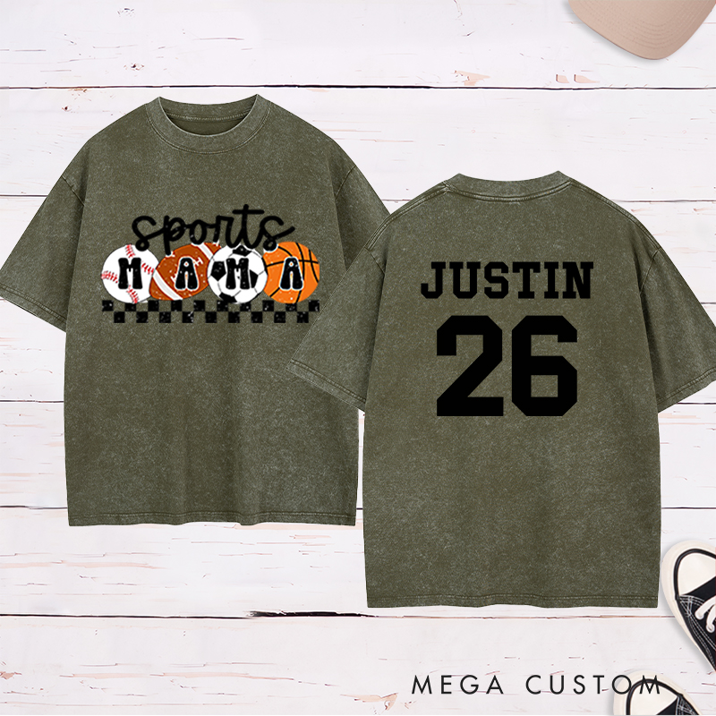 Personalized Sports Mama Washed  T-Shirt with Custom Name and Number