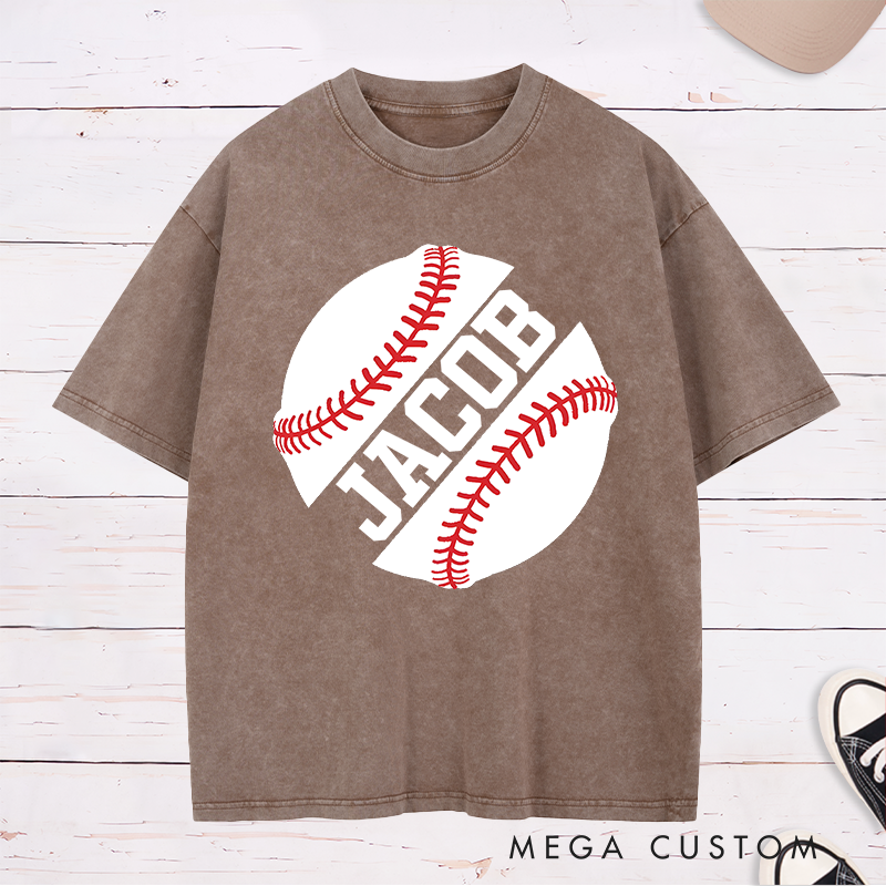 Personalized Game Day Washed T-Shirt with Striking Half Baseball Art and Custom Text