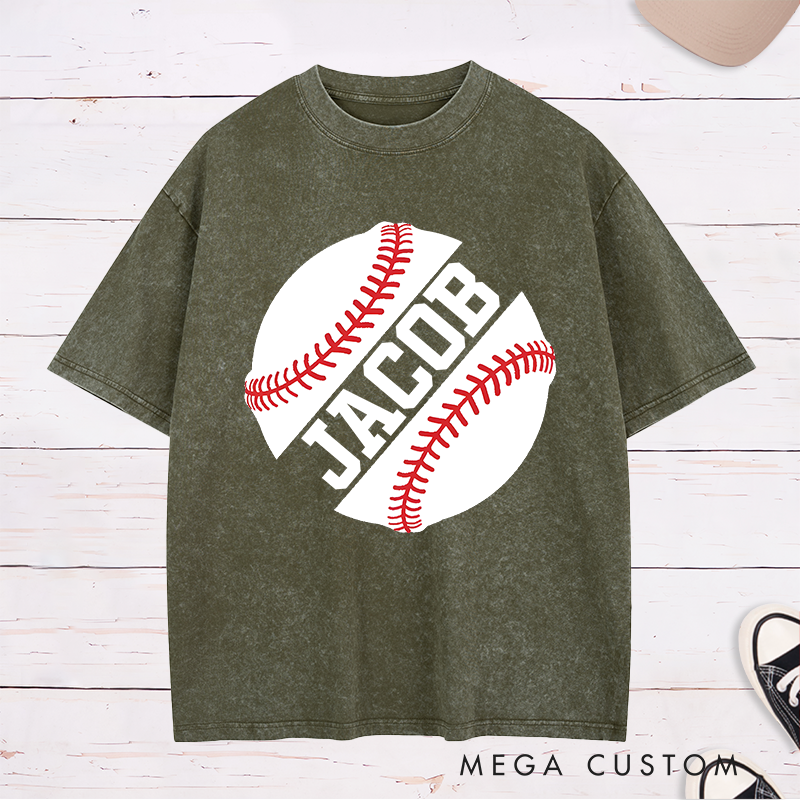 Personalized Game Day Washed T-Shirt with Striking Half Baseball Art and Custom Text
