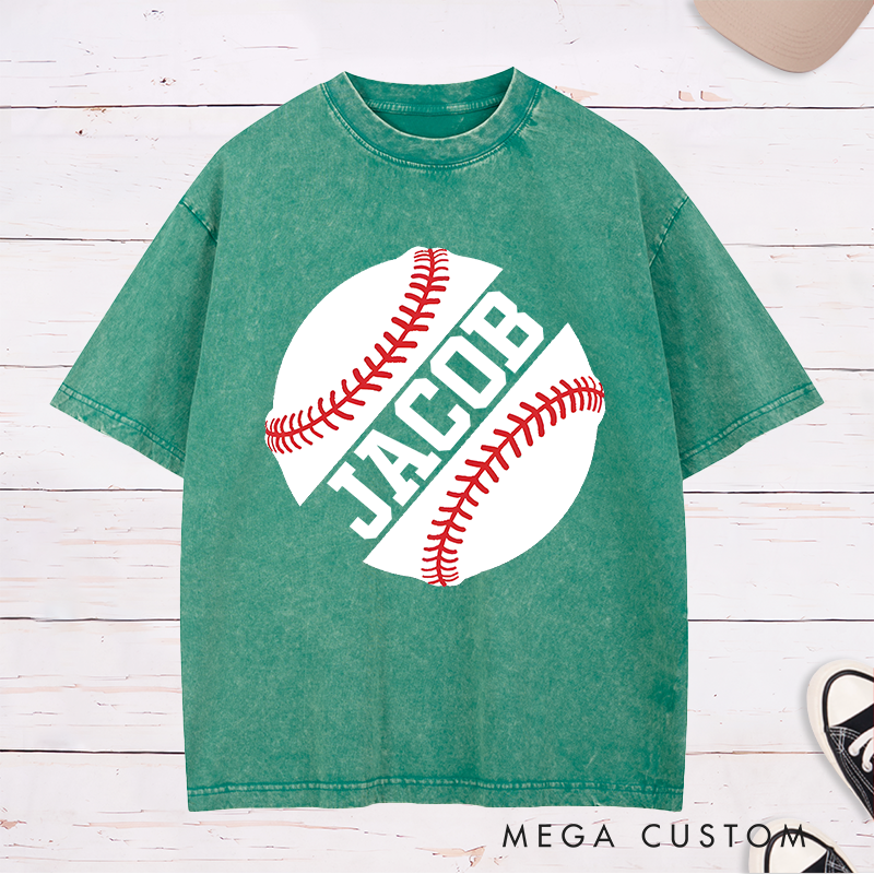 Personalized Game Day Washed T-Shirt with Striking Half Baseball Art and Custom Text