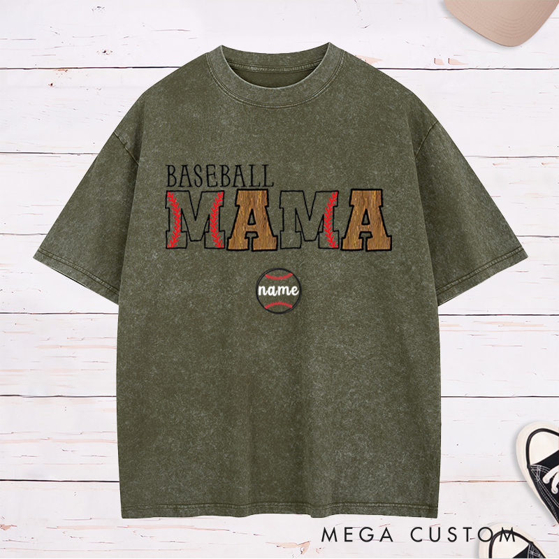 Personalized Baseball Mom Washed T-Shirt With Kids Name