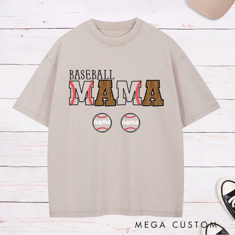 Personalized Baseball Mom Washed T-Shirt With Kids Name