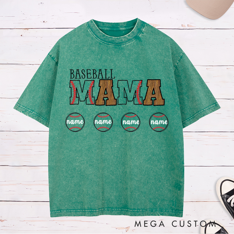 Personalized Baseball Mom Washed T-Shirt With Kids Name