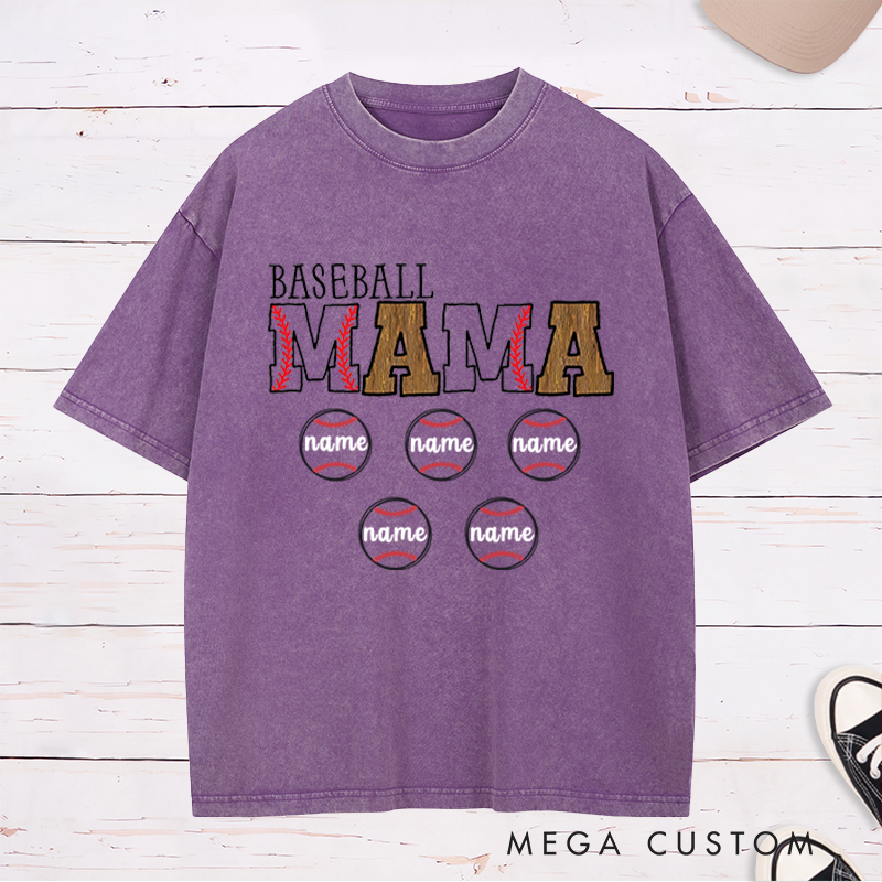 Personalized Baseball Mom Washed T-Shirt With Kids Name