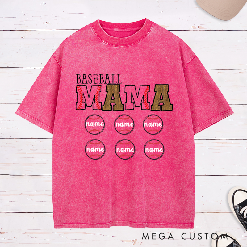 Personalized Baseball Mom Washed T-Shirt With Kids Name