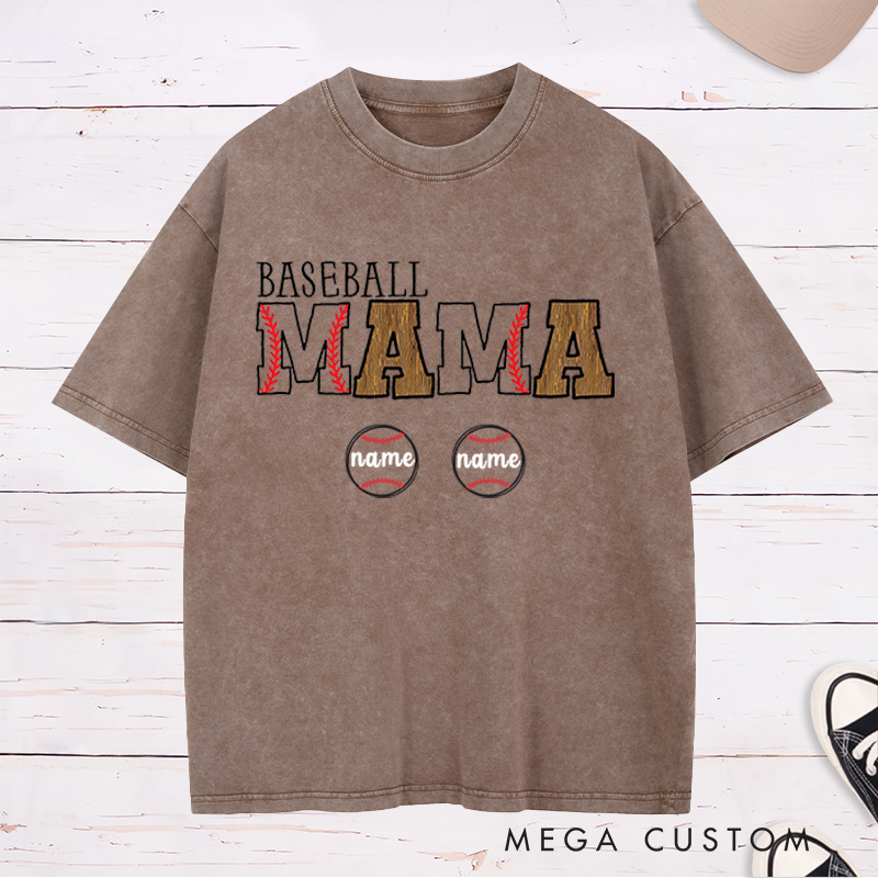 Personalized Baseball Mom Washed T-Shirt With Kids Name