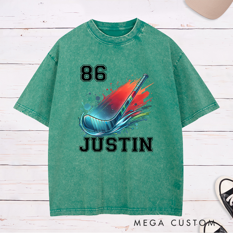 Personalized Athletic Washed T-Shirt with Hockey Stick and Customizable Name