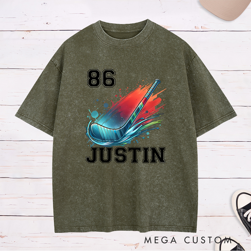 Personalized Athletic Washed T-Shirt with Hockey Stick and Customizable Name