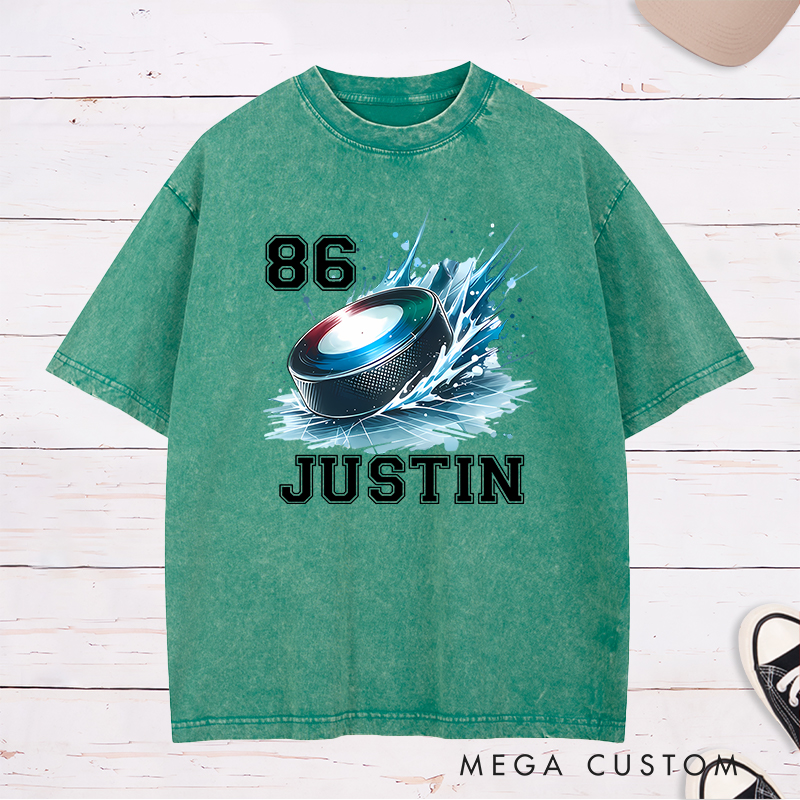 Personalized Hockey Washed T-Shirt with Splashed Ice Puck Design and Custom Name