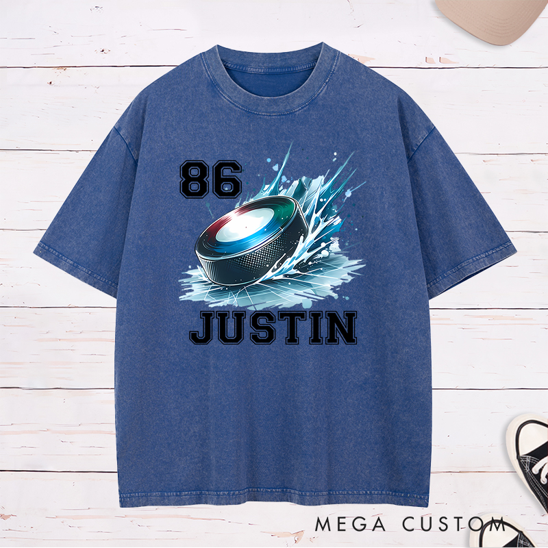 Personalized Hockey Washed T-Shirt with Splashed Ice Puck Design and Custom Name