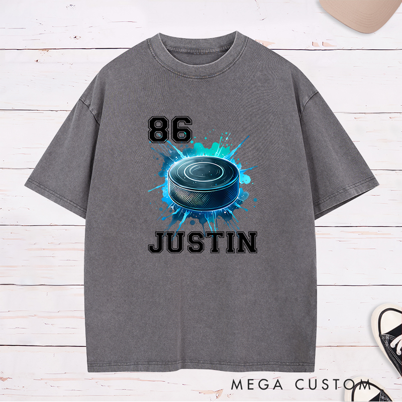 Personalized Athletic Washed T-Shirt Featuring a Vibrant Hockey Puck Graphic and Custom Name
